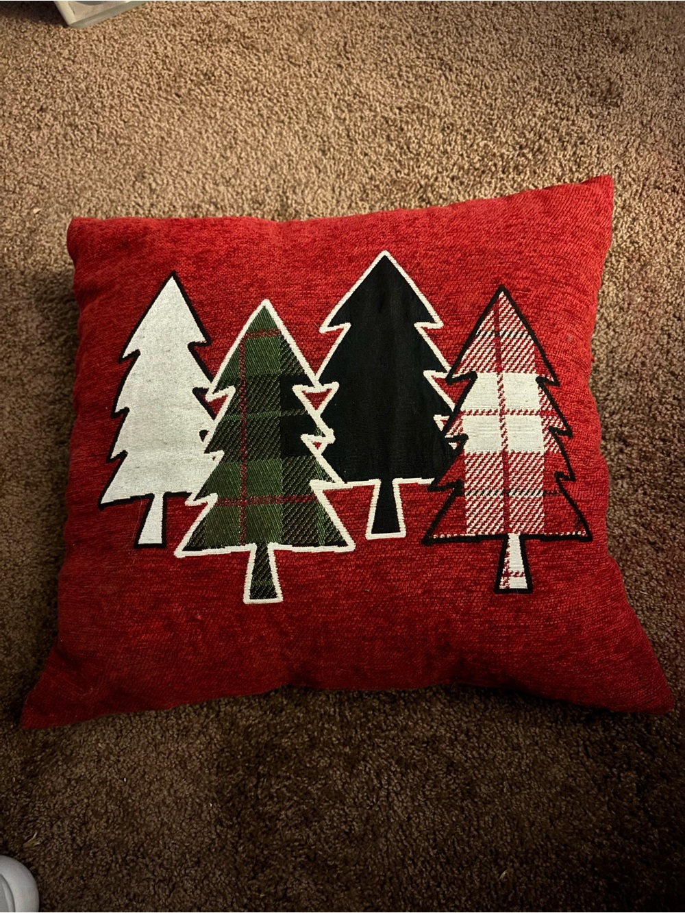(MW46)Holiday Tree Accent Pillow - Red with Plaid and Green Trees 16x16